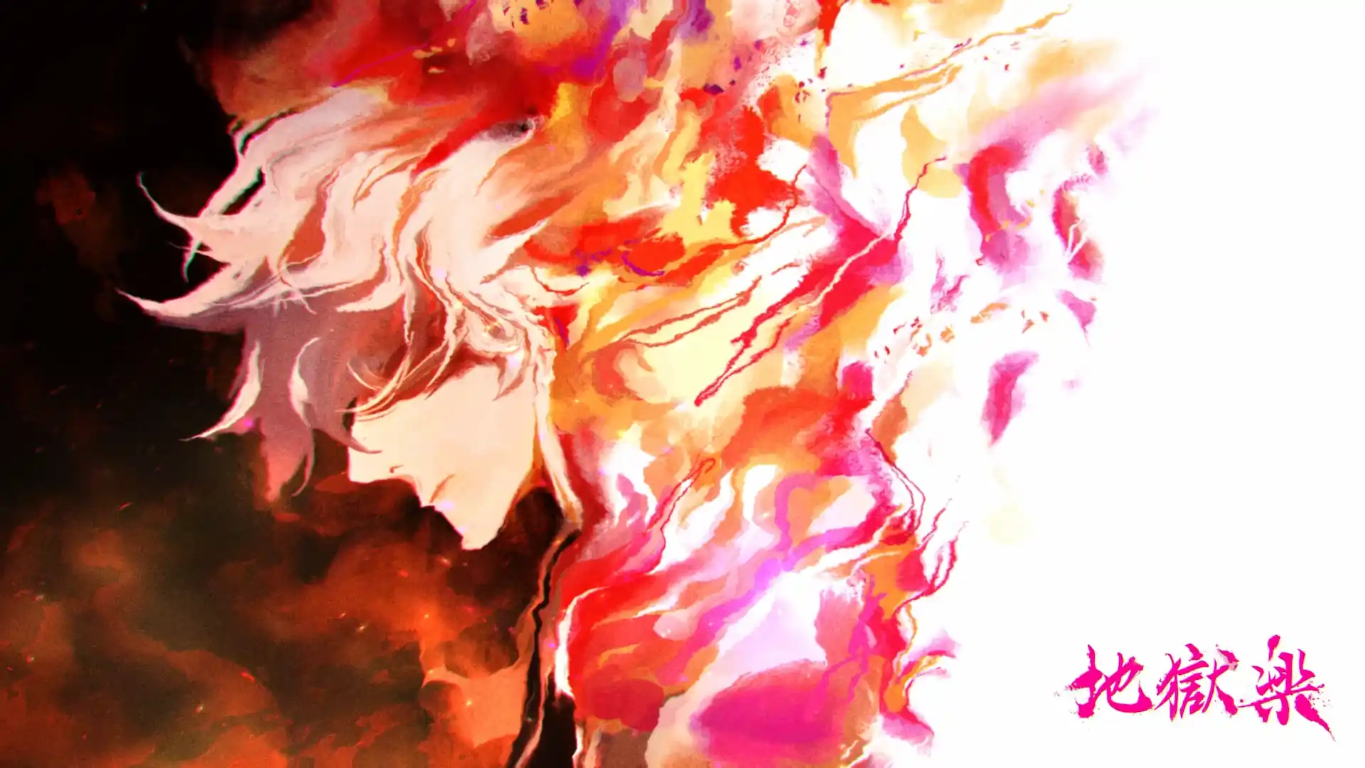 Gabimaru in side profile surrounded by vibrant red, orange, pink, and white fire aura in Hell’s Paradise live wallpaper