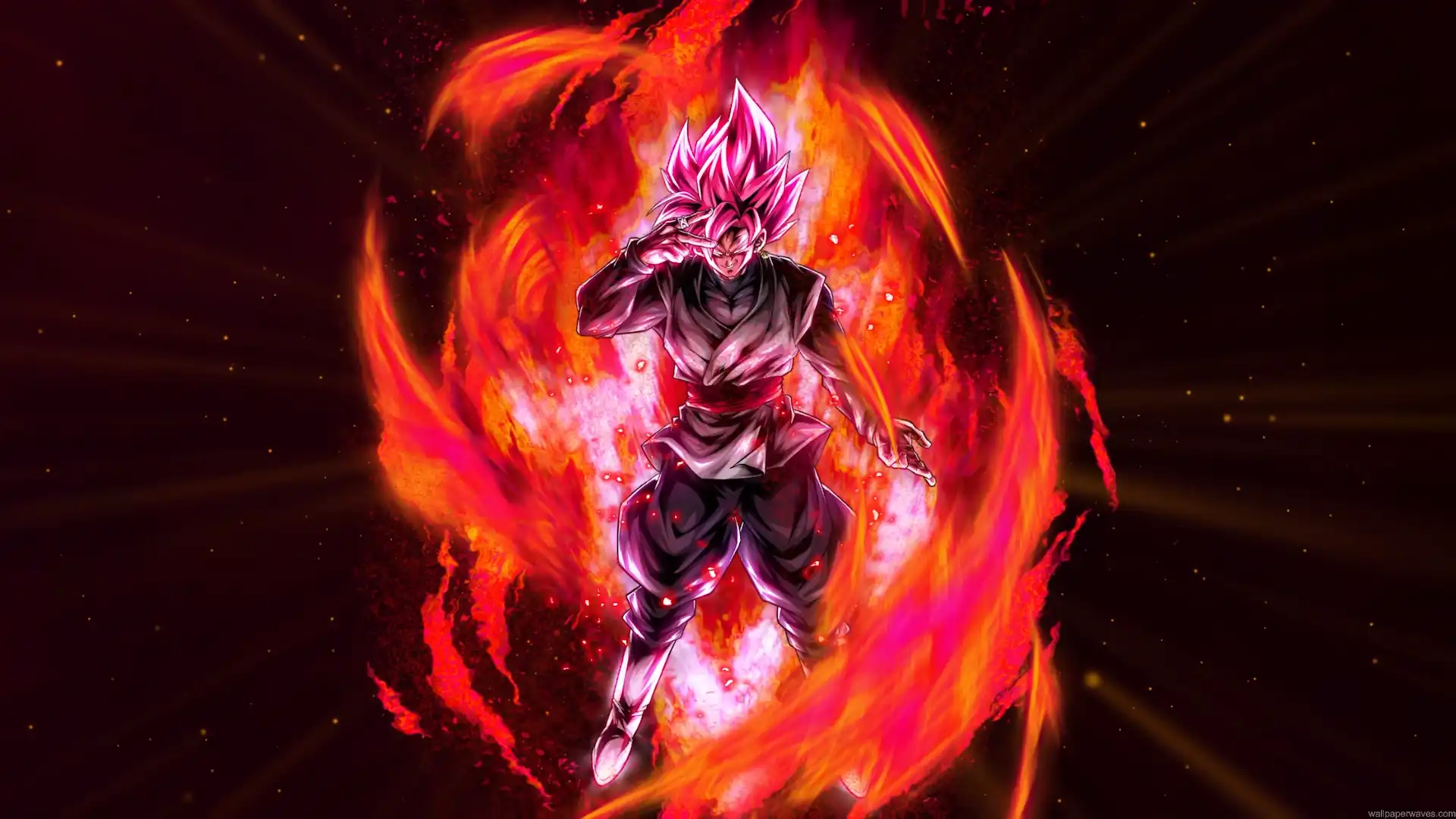 Goku Black in Super Saiyan Rosé form surrounded by a blazing red and pink Saiyan aura in Dragon Ball Super live wallpaper