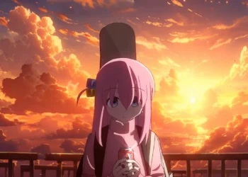 Hitori Gotoh Beautiful Sunset Bocchi the Rock Live Wallpaper 1 Hitori Gotoh holding a drink beneath a beautiful golden sunset in Bocchi the Rock live wallpaper