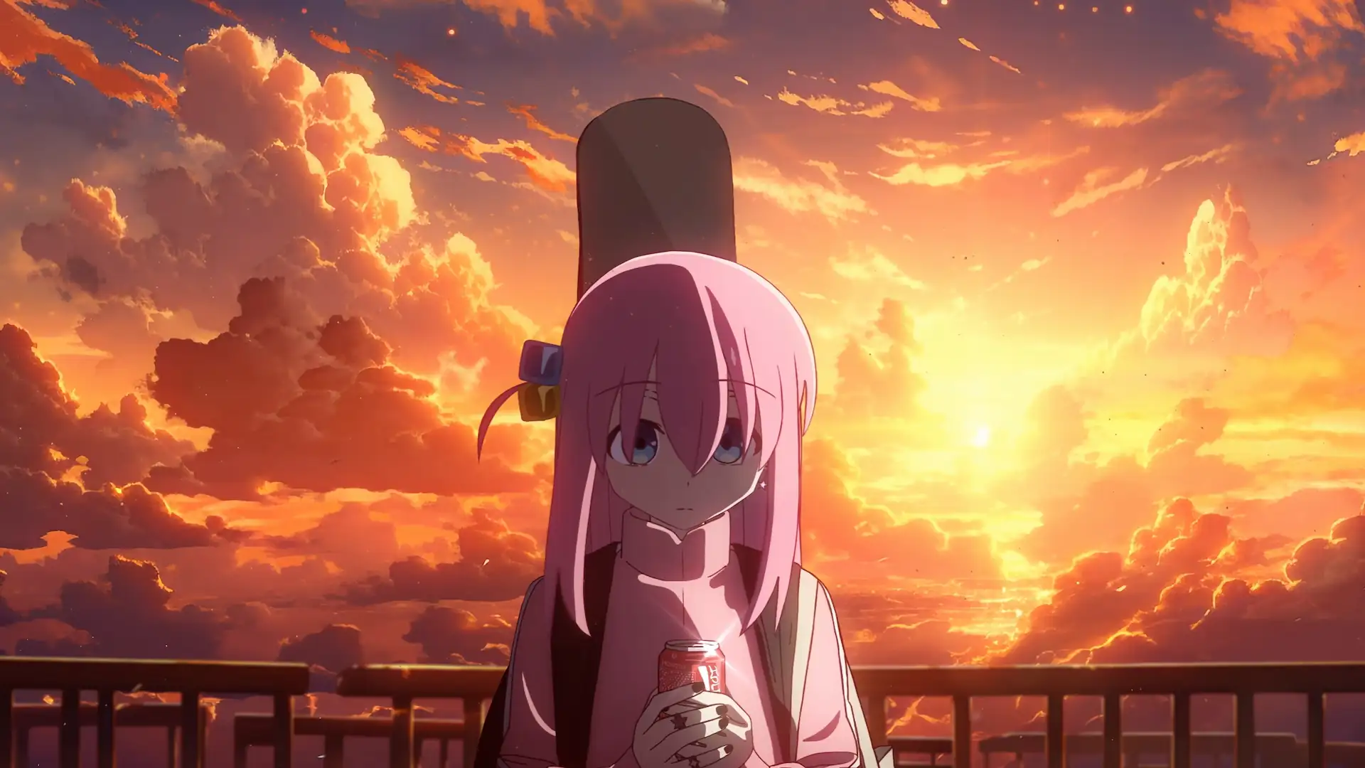 Hitori Gotoh holding a drink beneath a beautiful golden sunset in Bocchi the Rock live wallpaper