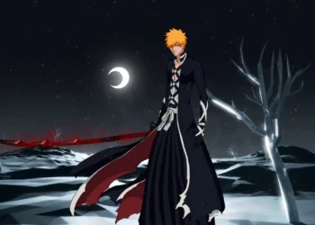 Ichigo Kurosaki from Bleach holding a red-black sword beneath a crescent moon in a dark starry landscape live wallpaper