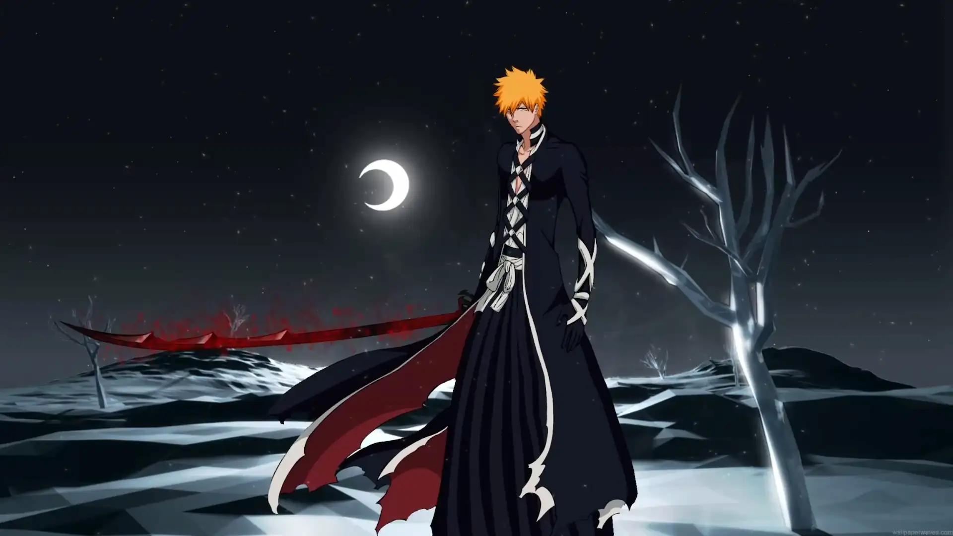 Ichigo Kurosaki from Bleach holding a red-black sword beneath a crescent moon in a dark starry landscape live wallpaper