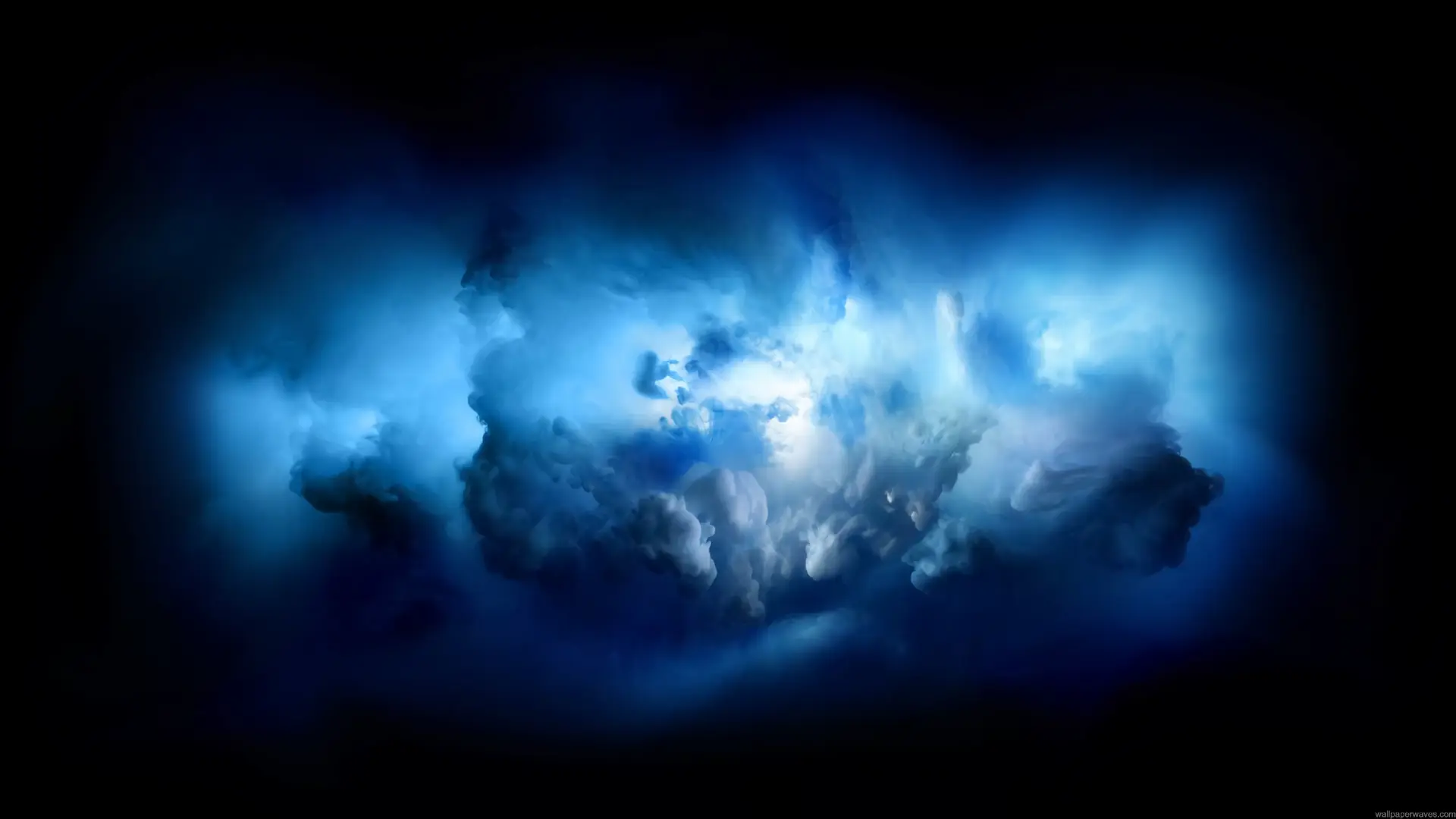 iMac Pro blue cloud abstract with glowing cyan smoke against a deep black background live wallpaper