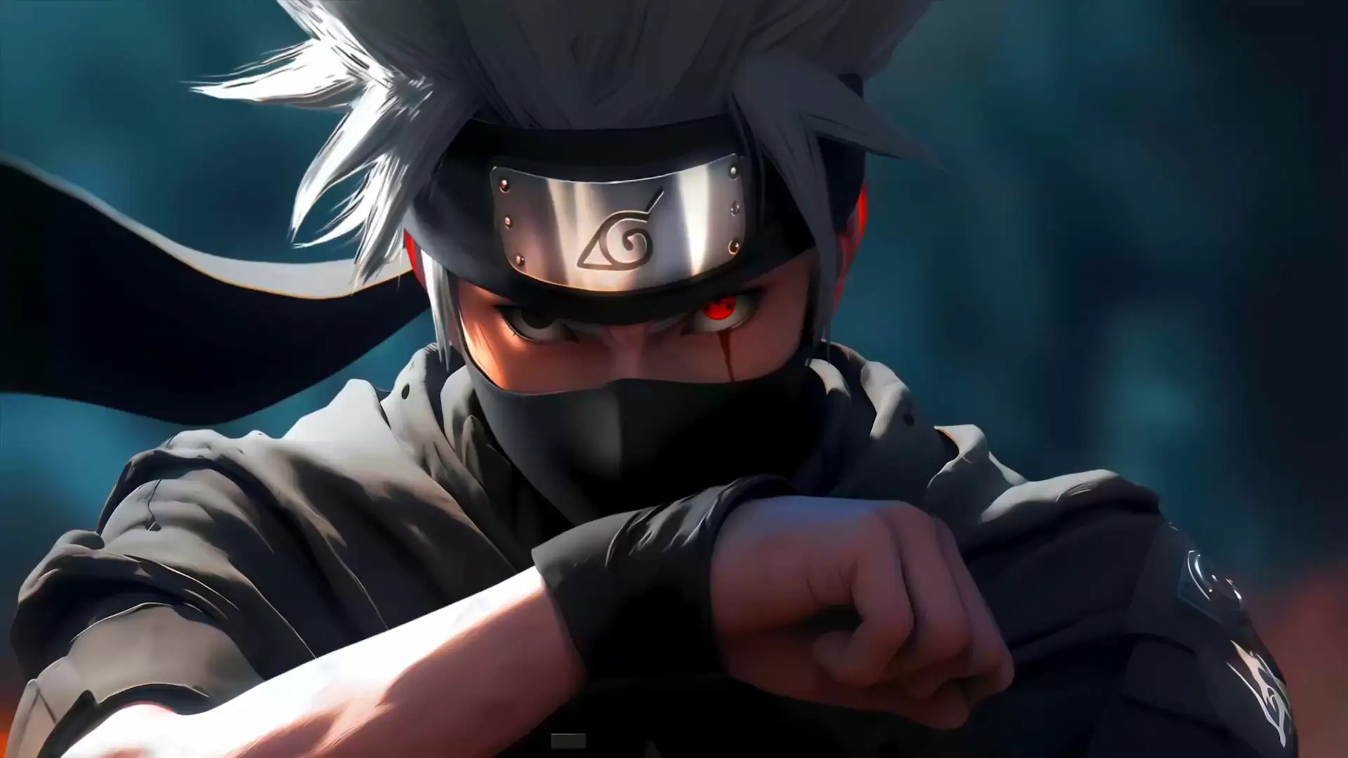 Kakashi Hatake from Naruto with his glowing red Sharingan, forehead protector, and black face mask live wallpaper