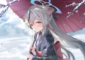 Kokona Blue Archive Snowy Day Live Wallpaper 1 Kokona from Blue Archive holding a pink traditional umbrella beneath blossoming branches on a peaceful snowy day live wallpaper