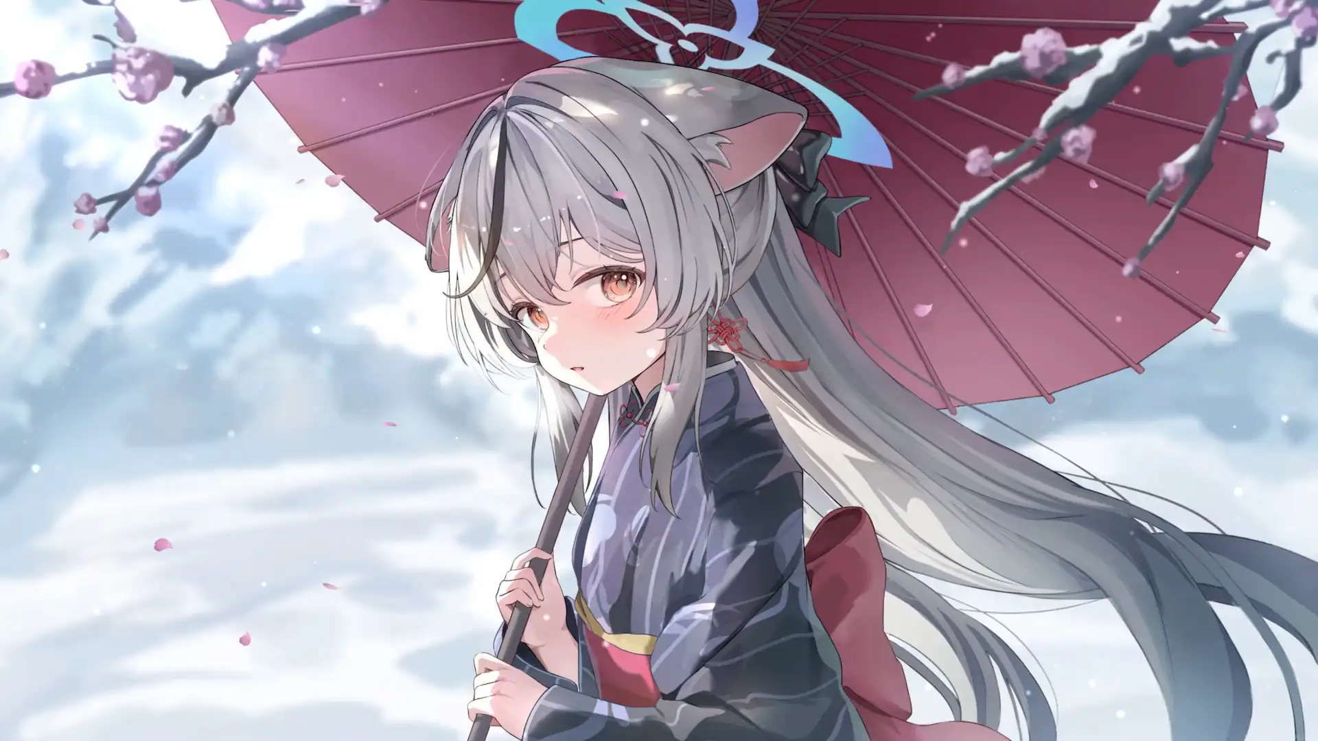 Kokona from Blue Archive holding a pink traditional umbrella beneath blossoming branches on a peaceful snowy day live wallpaper