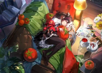 Lacrimosa Neverness to Everness Cozy Room Live Wallpaper 4 Lacrimosa resting on a green sofa with tomato cushions, plants, flowers, drawings, and warm lighting in Neverness to Everness live wallpaper