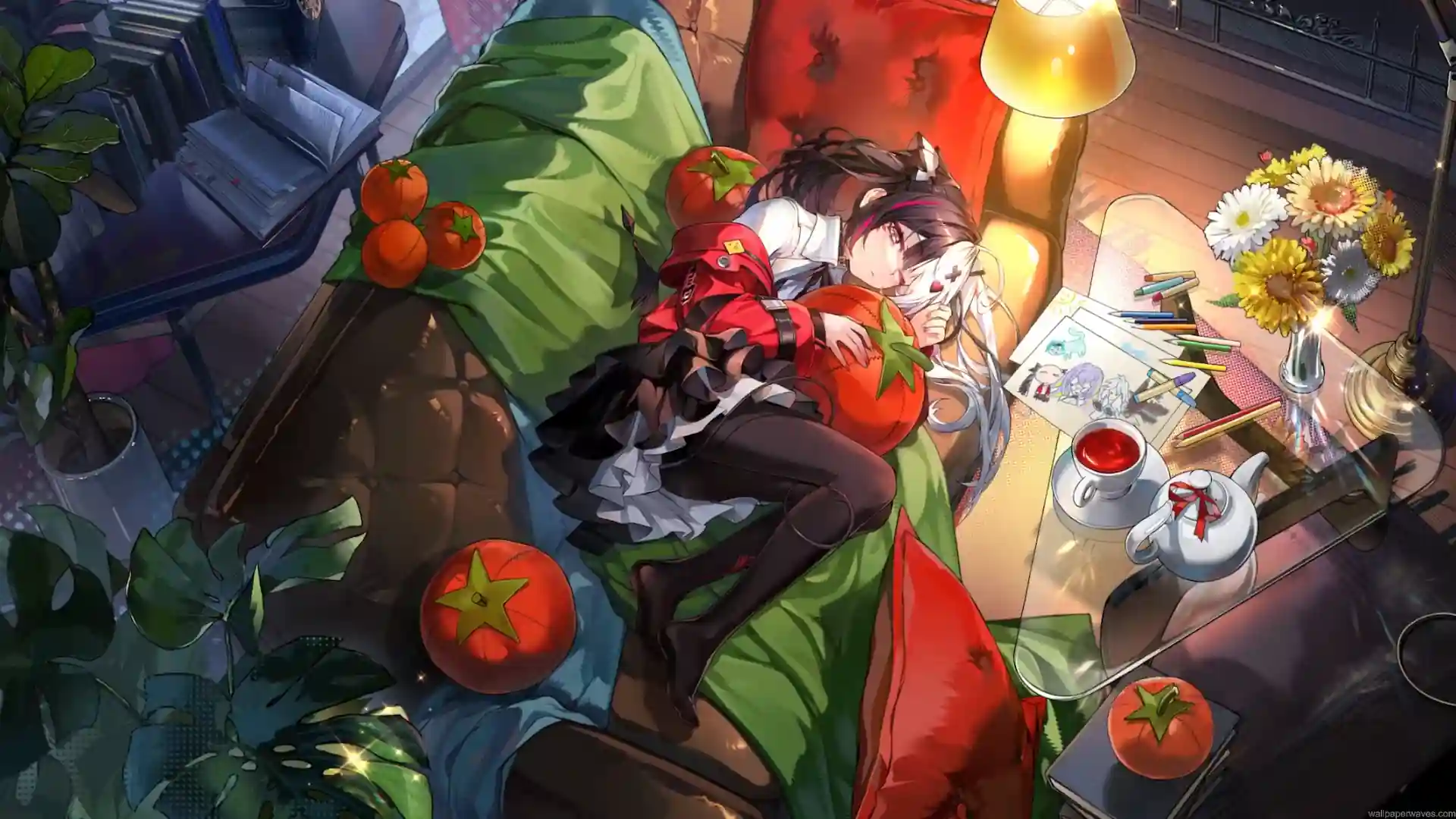 Lacrimosa resting on a green sofa with tomato cushions, plants, flowers, drawings, and warm lighting in Neverness to Everness live wallpaper