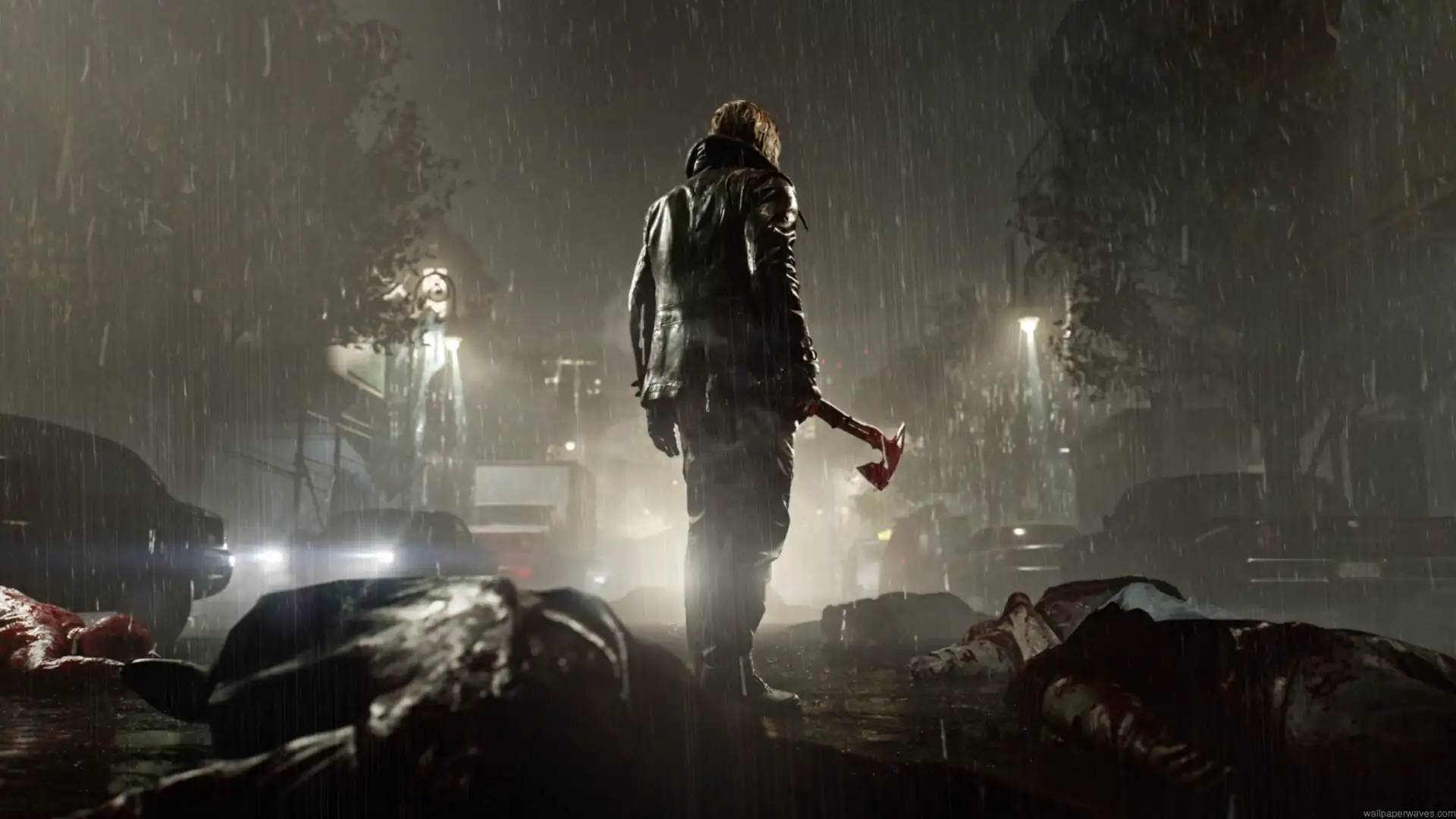 Leon S. Kennedy holding a bloodstained axe on a dark rainy street surrounded by bodies in Resident Evil live wallpaper
