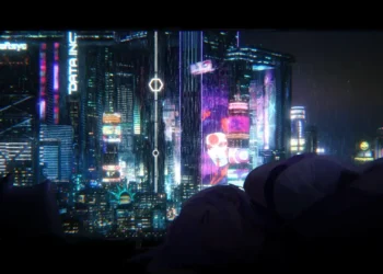 Lucy Cyberpunk Apartment Night City View Live Wallpaper 6 Lucy resting in a dark apartment overlooking rainy neon Night City in Cyberpunk Edgerunners live wallpaper