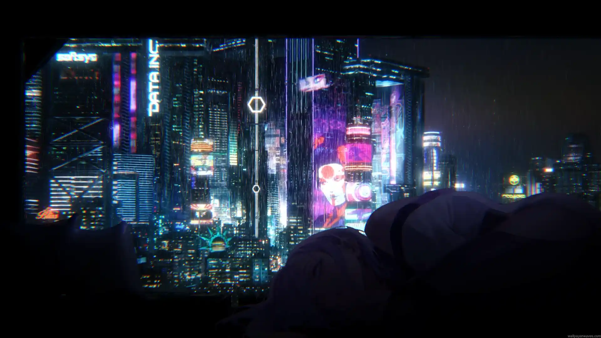 Lucy resting in a dark apartment overlooking rainy neon Night City in Cyberpunk Edgerunners live wallpaper