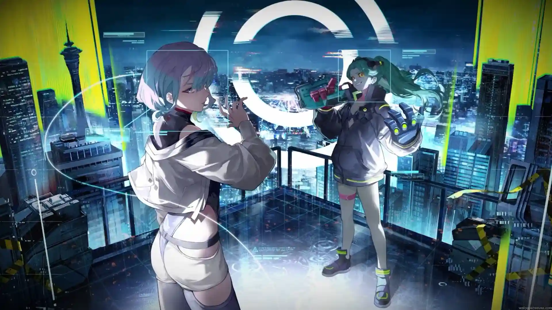 Lucy and Rebecca in a Wuthering Waves X Cyberpunk Edgerunners crossover overlooking a futuristic neon city with holographic effects live wallpaper