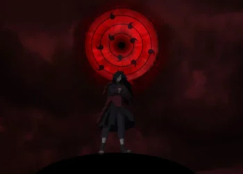 Madara Uchiha Infinite Tsukuyomi Live Wallpaper 8 Madara Uchiha standing beneath a massive glowing red Sharingan during Infinite Tsukuyomi in Naruto Shippuden live wallpaper