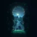 Magical forest portal framed by dark trees and vines overlooking a winding moonlit river, distant mountains, and a starry night sky live wallpaper