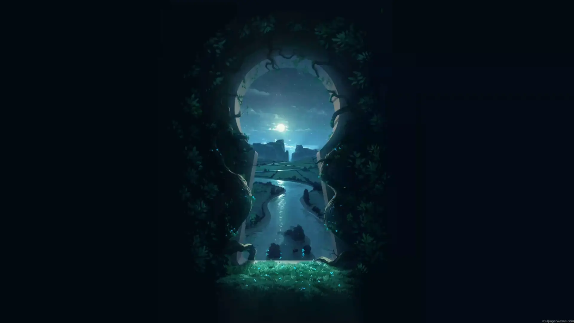 Magical forest portal framed by dark trees and vines overlooking a winding moonlit river, distant mountains, and a starry night sky live wallpaper