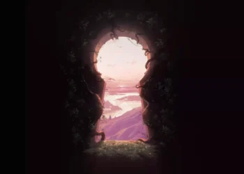 Magical Forest Portal Mountain View Live Wallpaper 3 Magical forest portal framed by dark trees and vines opening to pink mountains above glowing clouds in a fantasy live wallpaper