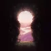 Magical Forest Portal Mountain View Live Wallpaper 10 Magical forest portal framed by dark trees and vines opening to pink mountains above glowing clouds in a fantasy live wallpaper