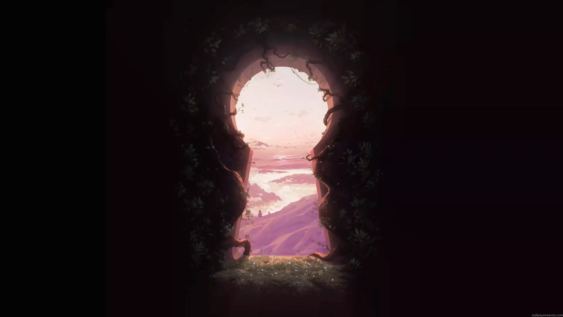 Magical forest portal framed by dark trees and vines opening to pink mountains above glowing clouds in a fantasy live wallpaper