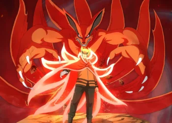 Naruto Uzumaki in Baryon Mode with glowing orange chakra and Kurama towering behind him in Naruto live wallpaper