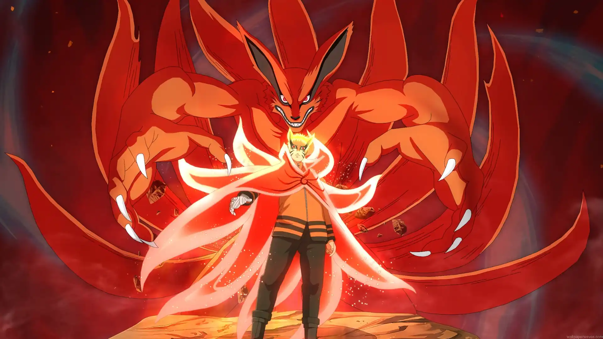 Naruto Uzumaki in Baryon Mode with glowing orange chakra and Kurama towering behind him in Naruto live wallpaper