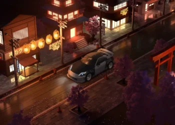 Nissan 350Z on a Japanese night street with glowing lanterns, cherry blossom trees, wet pavement, and a red torii gate live wallpaper