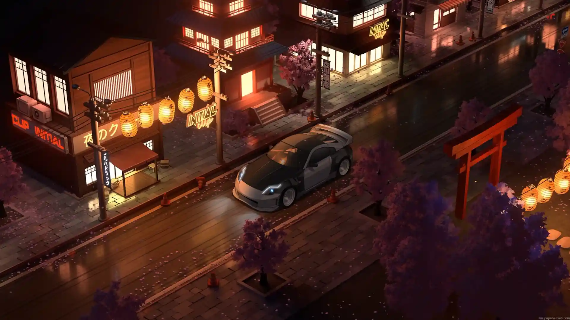 Nissan 350Z on a Japanese night street with glowing lanterns, cherry blossom trees, wet pavement, and a red torii gate live wallpaper