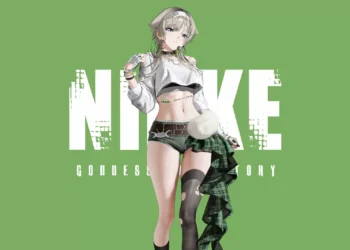 Prika from Goddess of Victory Nikke posing in stylish streetwear against a green background with NIKKE typography live wallpaper
