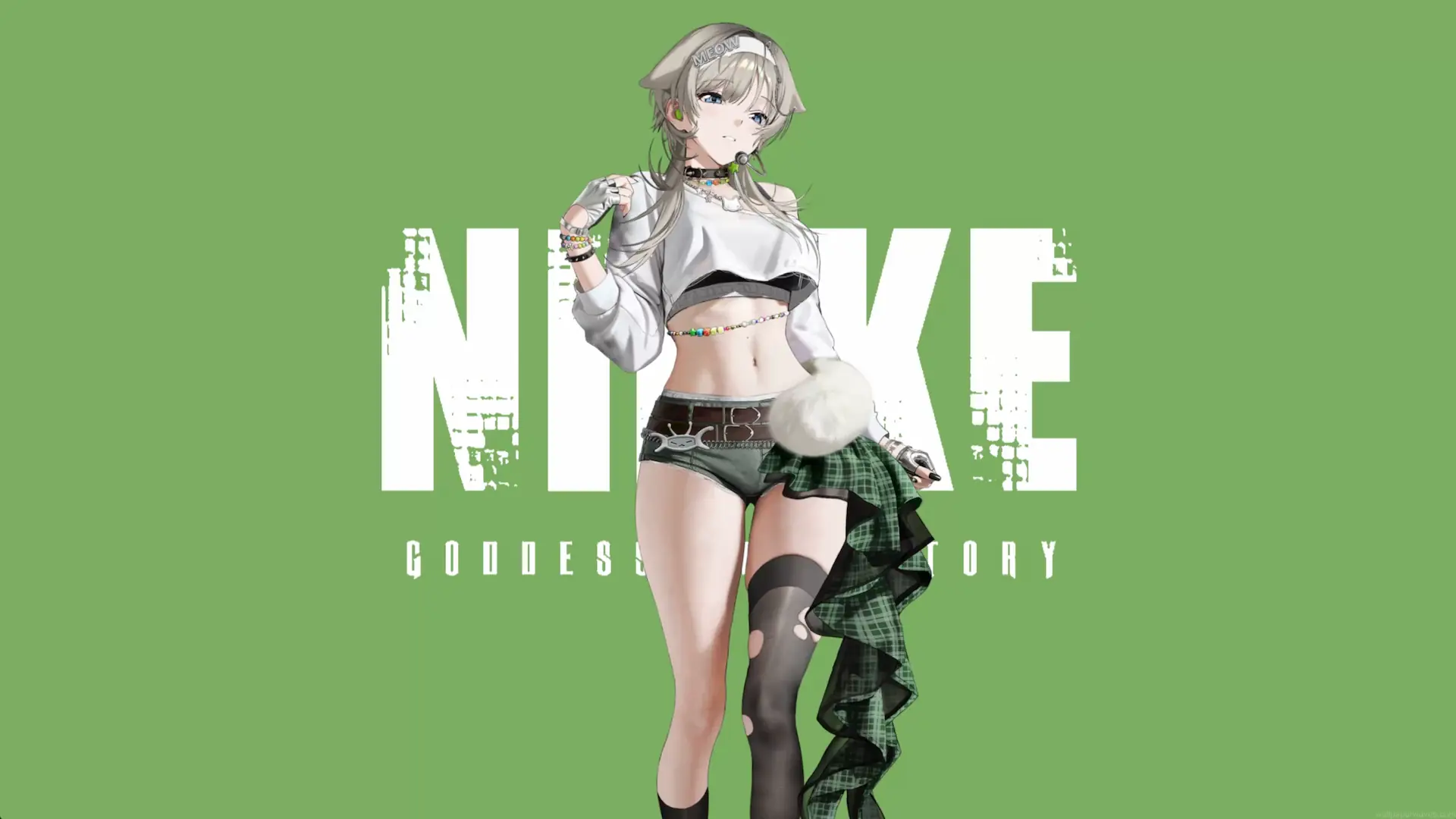 Prika from Goddess of Victory Nikke posing in stylish streetwear against a green background with NIKKE typography live wallpaper