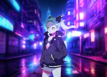 Rebecca Cyberpunk Edgerunners Neon City Live Wallpaper 8 Rebecca standing in a rainy neon city with blue, purple, and pink lights in Cyberpunk Edgerunners live wallpaper