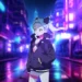 Rebecca standing in a rainy neon city with blue, purple, and pink lights in Cyberpunk Edgerunners live wallpaper