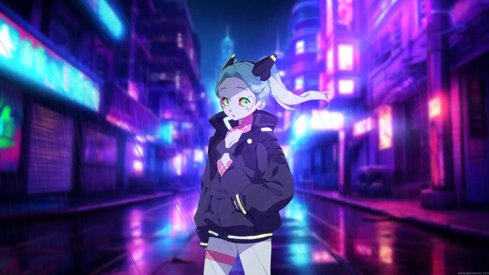 Rebecca standing in a rainy neon city with blue, purple, and pink lights in Cyberpunk Edgerunners live wallpaper