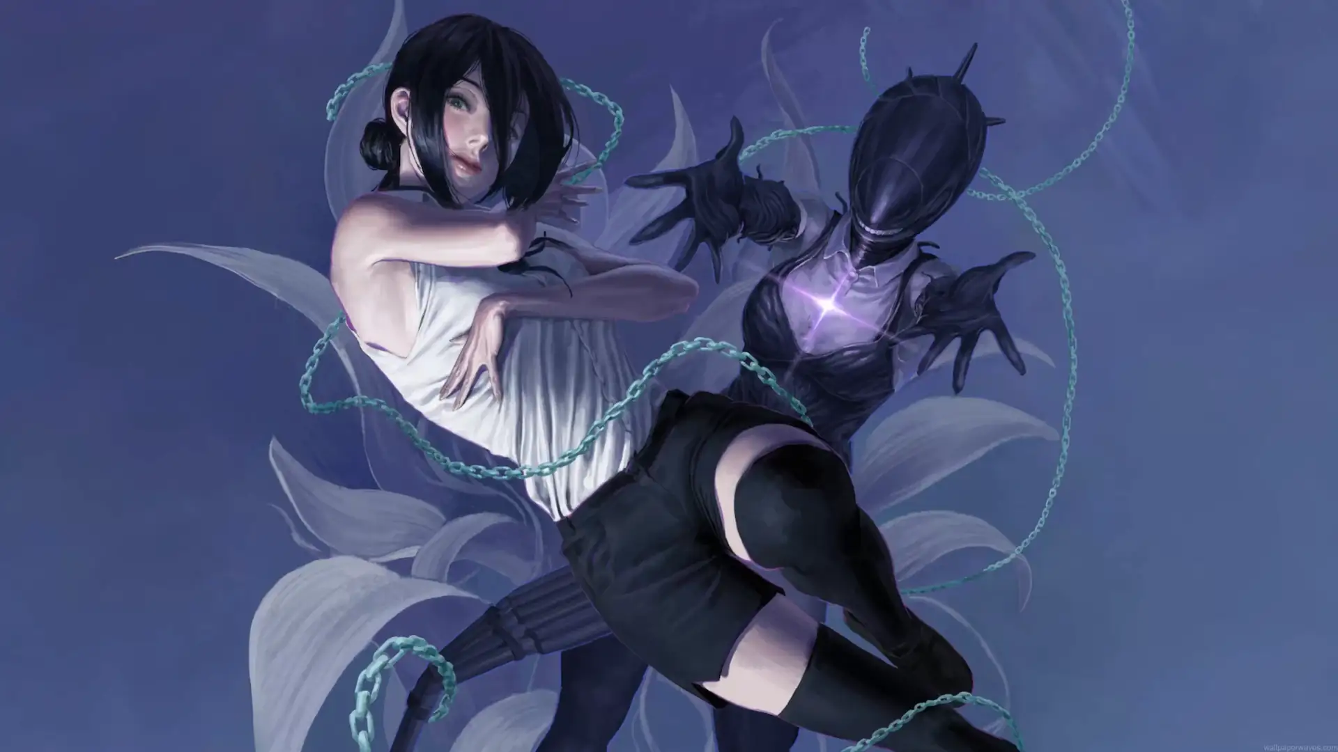 Reze alongside her Bomb Devil form with glowing purple energy and chains in Chainsaw Man live wallpaper