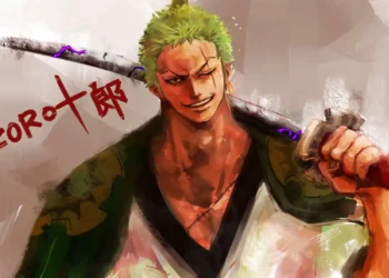 Roronoa Zoro from One Piece holding swords over his shoulder in a colorful hand-painted anime style live wallpaper