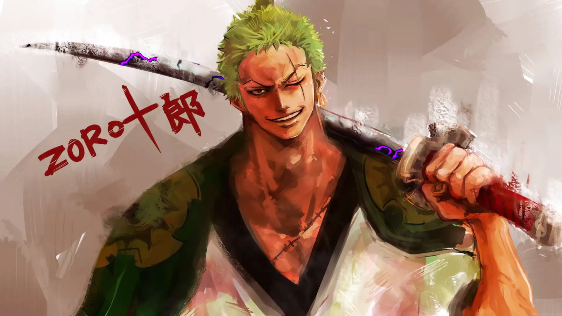 Roronoa Zoro from One Piece holding swords over his shoulder in a colorful hand-painted anime style live wallpaper