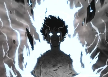 Shigeo Kageyama awakened with glowing white eyes and intense white-blue psychic energy in Mob Psycho 100 live wallpaper