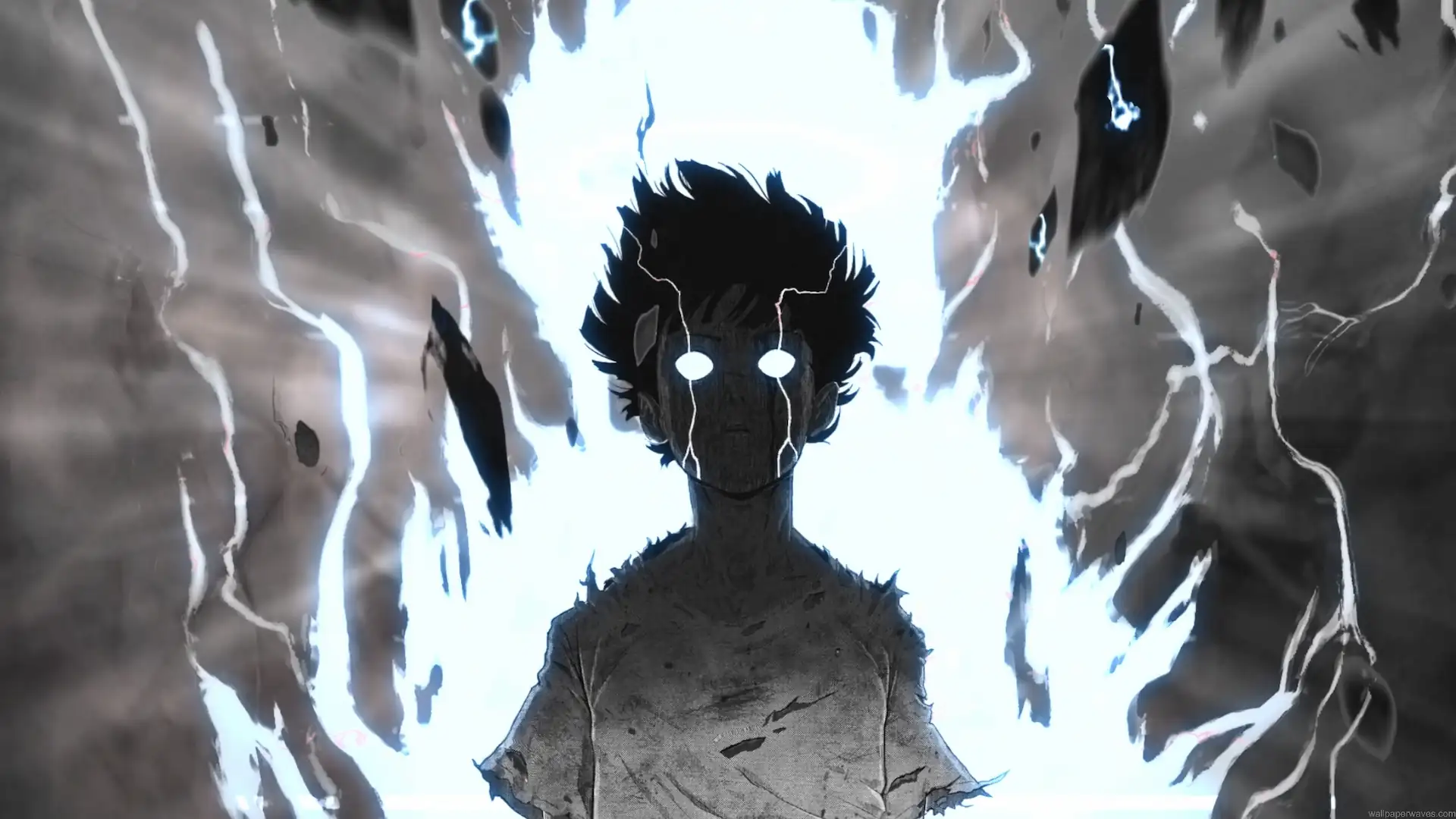 Shigeo Kageyama awakened with glowing white eyes and intense white-blue psychic energy in Mob Psycho 100 live wallpaper