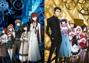 Steins Gate characters including Rintaro Okabe and Kurisu Makise surrounded by clocks and time travel imagery live wallpaper