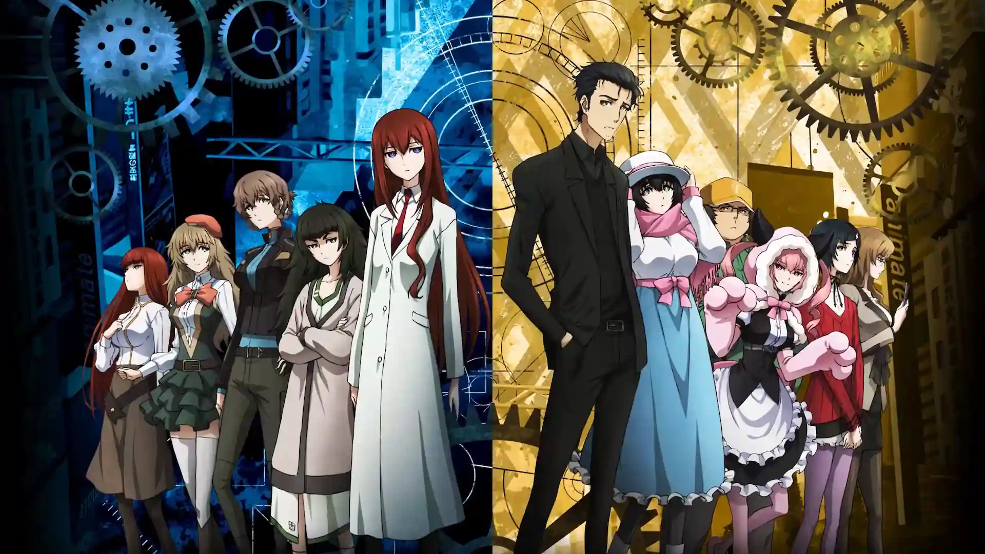 Steins Gate characters including Rintaro Okabe and Kurisu Makise surrounded by clocks and time travel imagery live wallpaper
