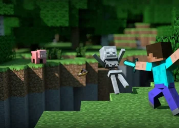 Steve fighting a Skeleton with a diamond sword beside a deep ravine in a green Minecraft forest live wallpaper
