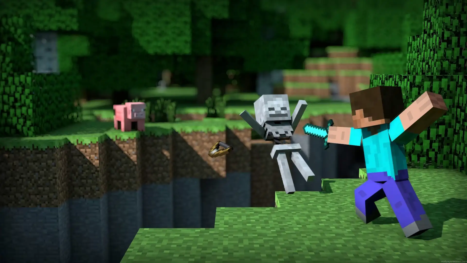 Steve fighting a Skeleton with a diamond sword beside a deep ravine in a green Minecraft forest live wallpaper