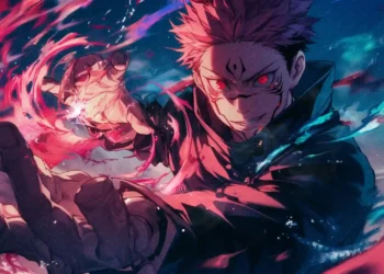Ryomen Sukuna reaching forward while surrounded by swirling red cursed energy in Jujutsu Kaisen live wallpaper
