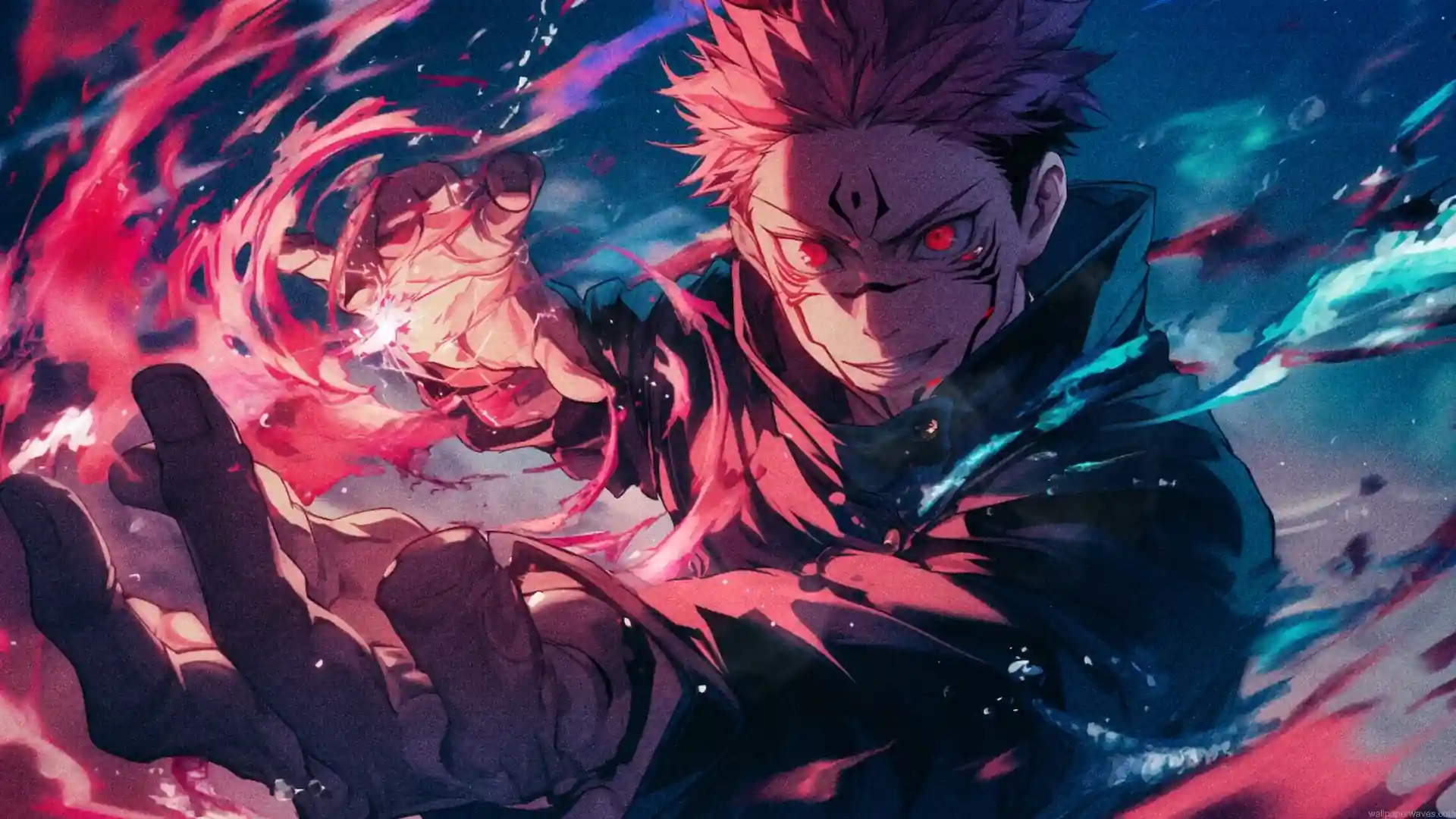 Ryomen Sukuna reaching forward while surrounded by swirling red cursed energy in Jujutsu Kaisen live wallpaper