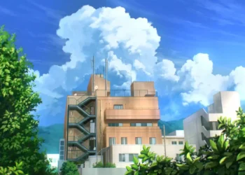 Summer city buildings surrounded by green trees beneath a bright blue sky and large fluffy white clouds live wallpaper