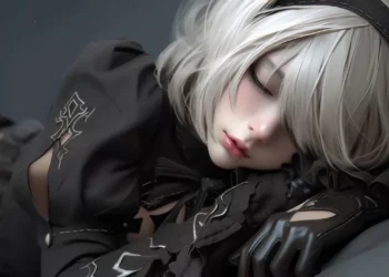 2B from NieR Automata sleeping peacefully with closed eyes, short silver-white hair, a black headband, gothic black outfit, and elegant gloves resting beneath her face against a soft dark gray background in a live wallpaper.