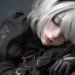2B from NieR Automata sleeping peacefully with closed eyes, short silver-white hair, a black headband, gothic black outfit, and elegant gloves resting beneath her face against a soft dark gray background in a live wallpaper.