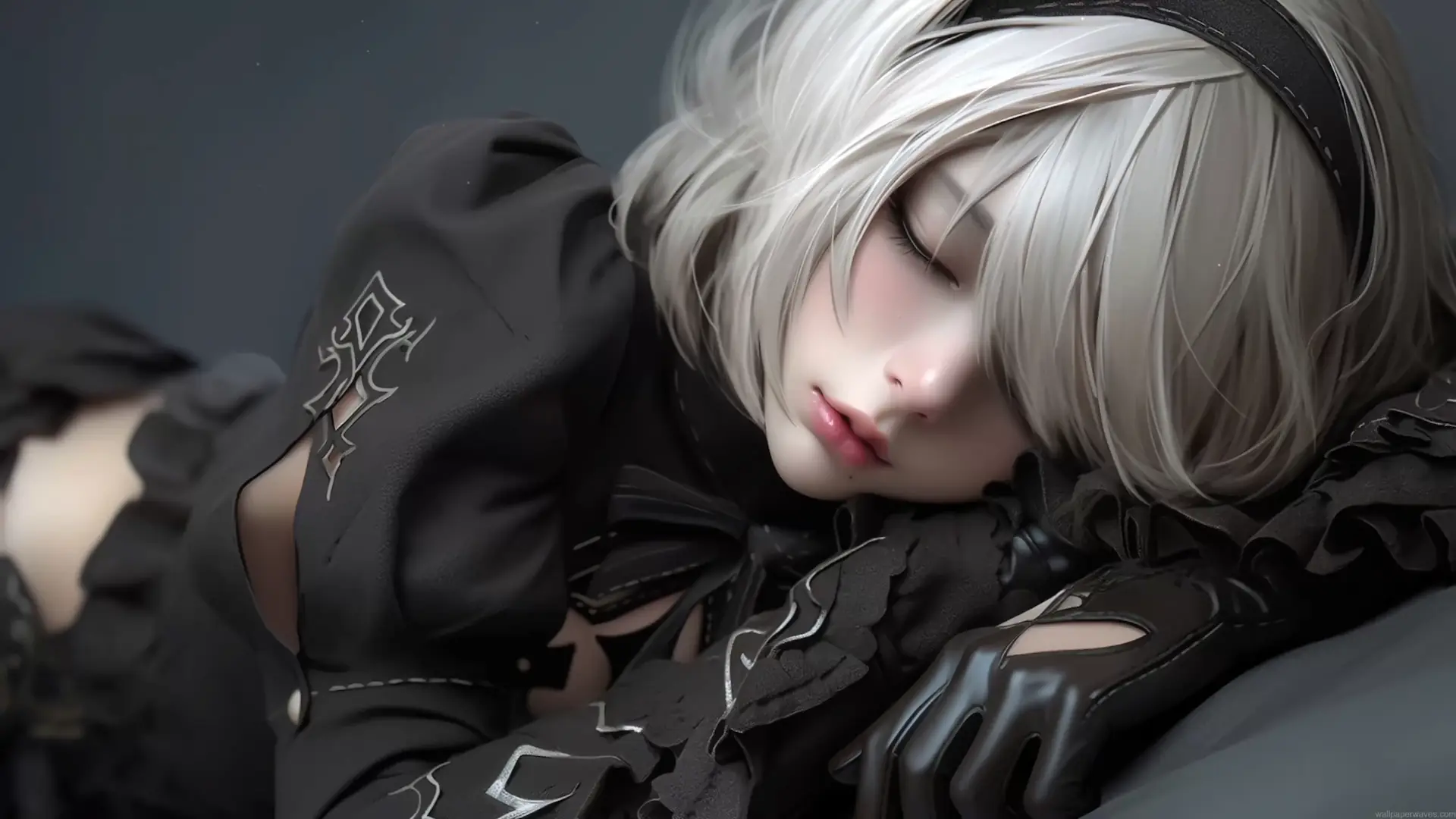 2B from NieR Automata sleeping peacefully with closed eyes, short silver-white hair, a black headband, gothic black outfit, and elegant gloves resting beneath her face against a soft dark gray background in a live wallpaper.