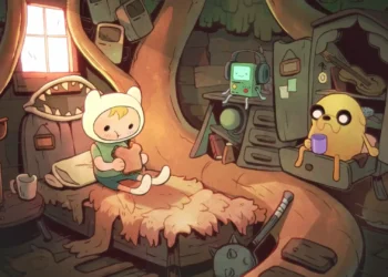Finn, Jake and BMO relaxing inside their cozy Adventure Time treehouse live wallpaper