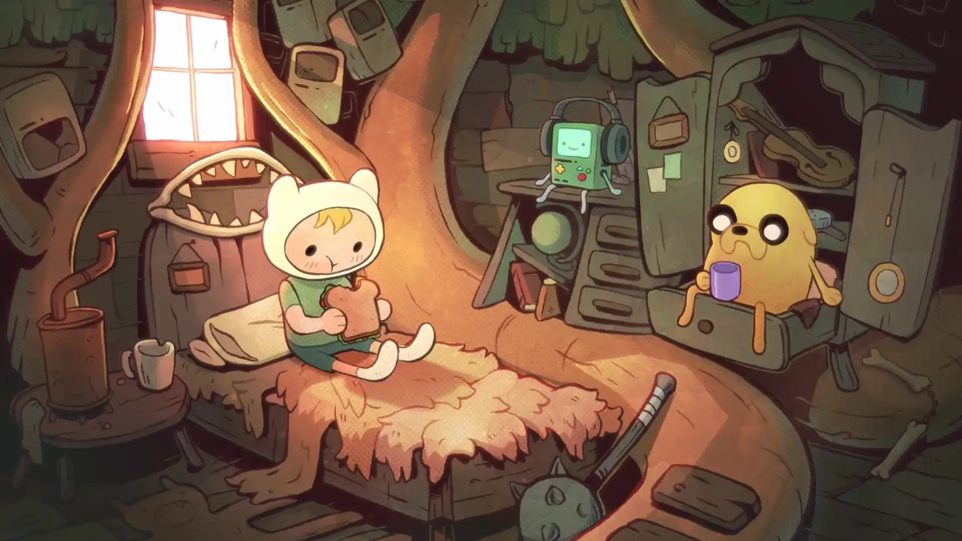 Finn, Jake and BMO relaxing inside their cozy Adventure Time treehouse live wallpaper