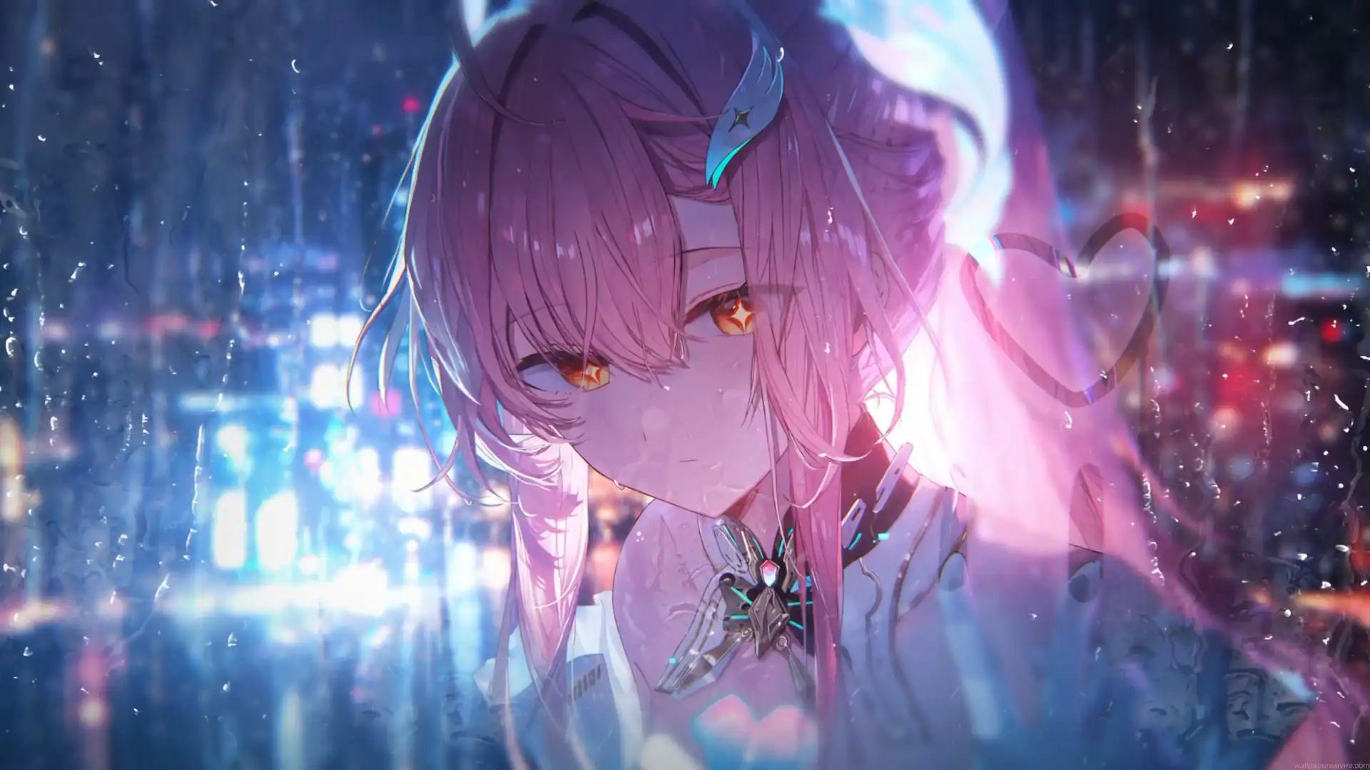 Aemeath from Wuthering Waves with pink hair in a neon city on a rainy night live wallpaper