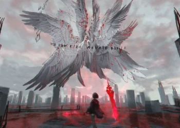 Anime Girl Facing Six Winged Angel Live Wallpaper 4 Anime girl holding a glowing red sword while facing a gigantic six-winged white angel above a ruined city with broken concrete pillars, crimson energy, and stormy gray skies in a 4K live wallpaper.